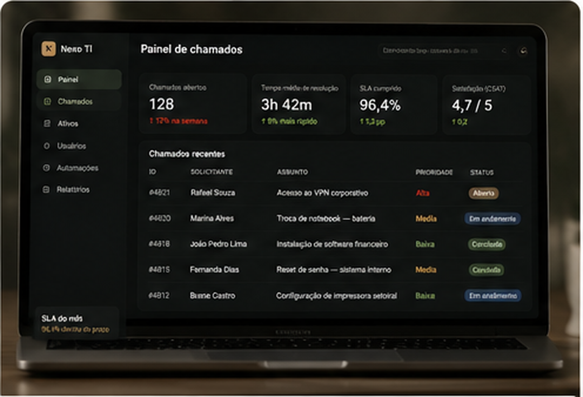 Painel de chamados do portal Nexo TI